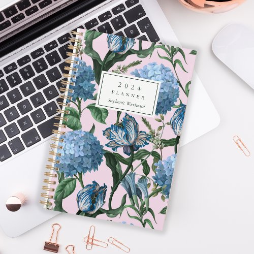 Watercolor Floral Pattern Blue Pink Monogram 2024 Planner