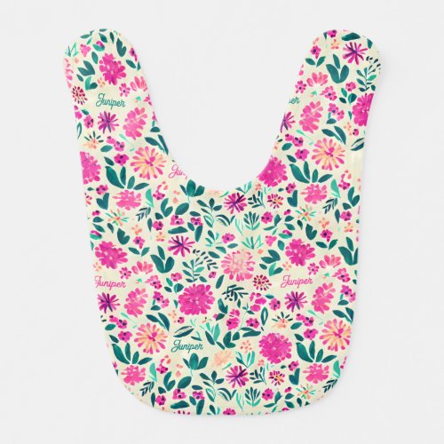 Watercolor Floral Pattern Custom Name Baby Girl Baby Bib