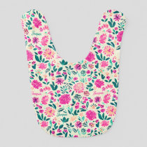 Watercolor Floral Pattern Custom Name Baby Girl Bib