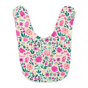 Watercolor Floral Pattern Custom Name Baby Girl Bib