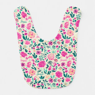 Watercolor Floral Pattern Custom Name Baby Girl Bib