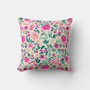 Watercolor Floral Pattern Custom Name Throw Pillow