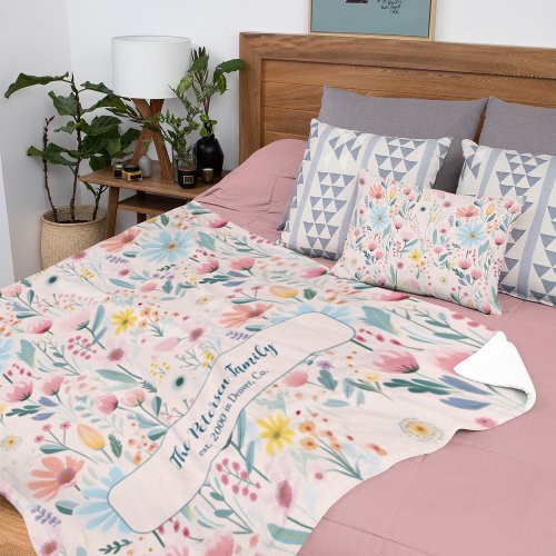 Watercolor floral pattern family name personalized fleece blanket