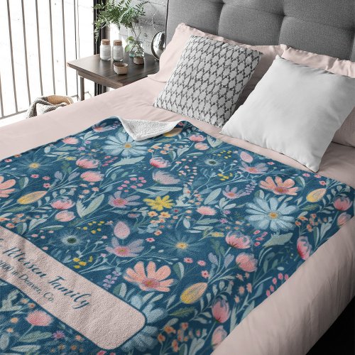 Watercolor floral pattern family name personalized fleece blanket