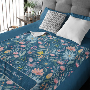 Watercolor floral pattern family name personalized fleece blanket