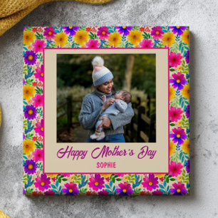Watercolor Floral Pattern Happy Mother's Day Photo Ceramic Tile
