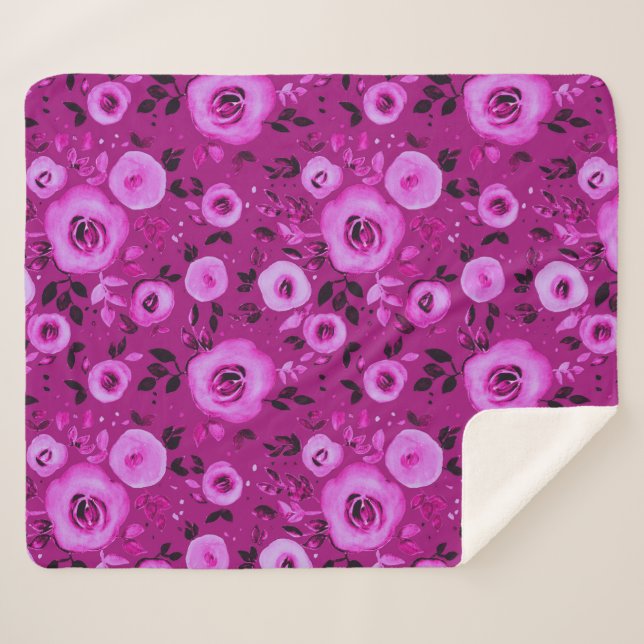 Watercolor Floral Pattern in  Berry Magenta  Sherpa Blanket (Front (Horizontal))