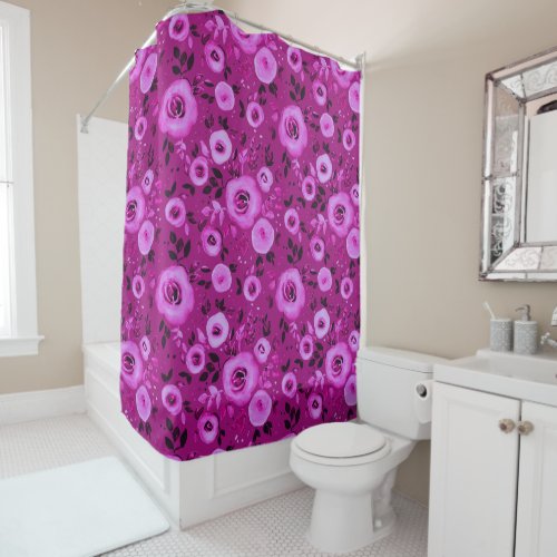 Watercolor Floral Pattern in  Berry Magenta  Shower Curtain