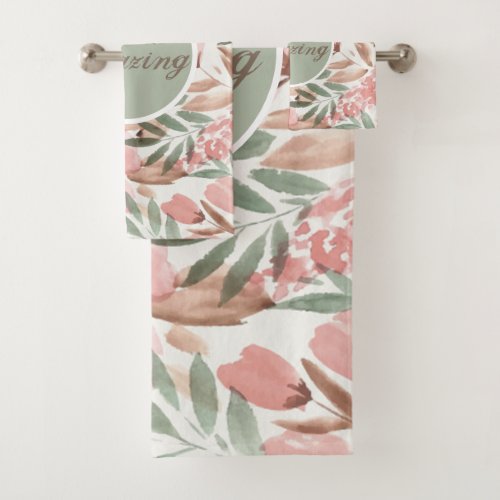 Watercolor Floral Pattern Monogram Bath Towel Set