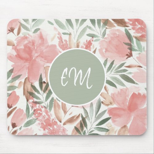 Watercolor Floral Pattern Monogram Mouse Pad