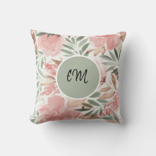 Watercolor Floral Pattern Monogram Throw Pillow