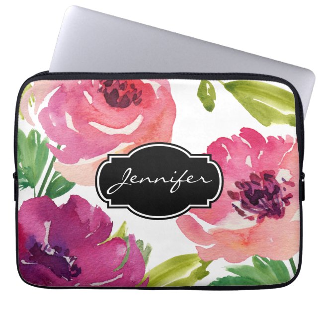 Watercolor Floral Pattern Monogrammed Laptop Sleeve (Front)