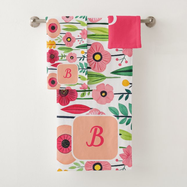 Watercolor Floral Pattern Monogrammed Name Bath Towel Set (Insitu)