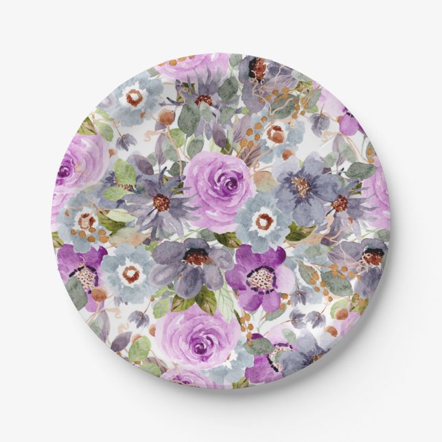 Watercolor Floral Pattern Paper Plates (Front)