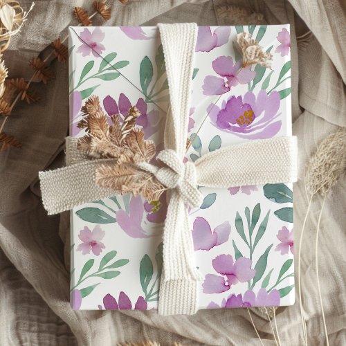 watercolor floral pattern pink and purple wrapping paper