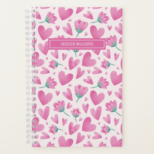 Watercolor Floral Pattern Pink Flower Cute Heart Notebook