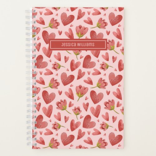 Watercolor Floral Pattern Red Flower and Heart Notebook