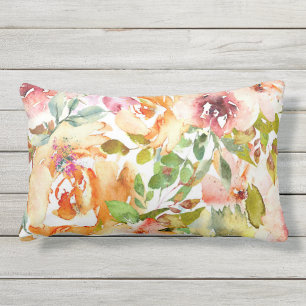 Watercolor Floral Pattern Red Rust Green Lumbar Pillow