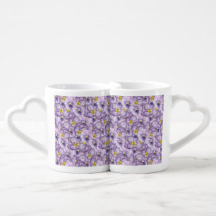 Watercolor floral pattern with violet pansies coffee mug set