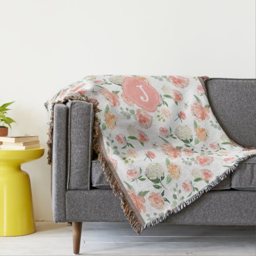 Watercolor Floral Pattern with Your Monogram Throw Blanket