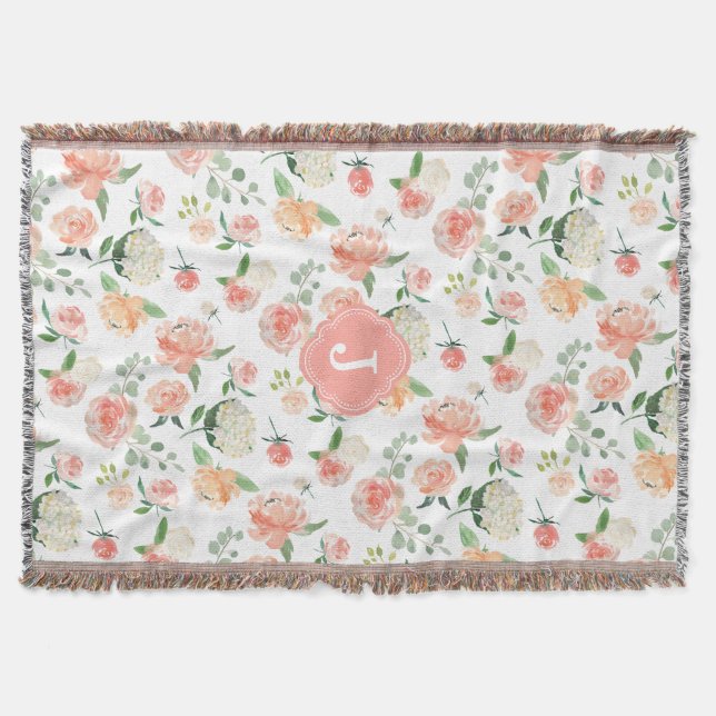 Watercolor Floral Pattern with Your Monogram Throw Blanket (Front)