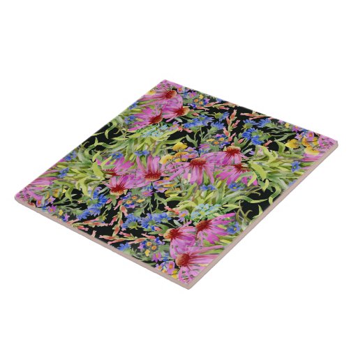 Watercolor Floral Pattern Yellow Green Pink        Ceramic Tile