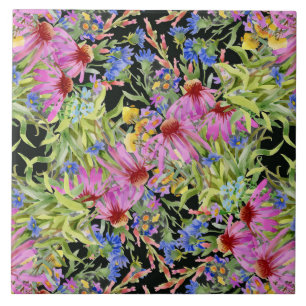 Watercolor Floral Pattern Yellow Green Pink Ceramic Tile