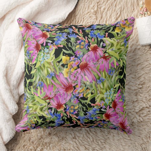 Watercolor Floral Pattern Yellow Green Pink        Throw Pillow