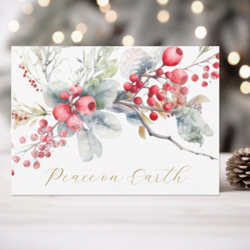 WATERCOLOR FLORAL PEACE ON EARTH CHRISTMAS CARD