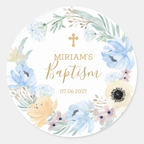 Watercolor Floral Peach Blue Baptism   Classic Round Sticker