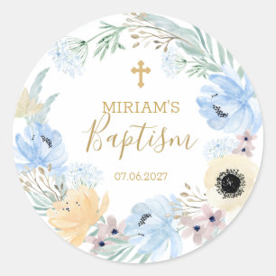 Watercolor Floral Peach Blue Baptism Classic Round Sticker