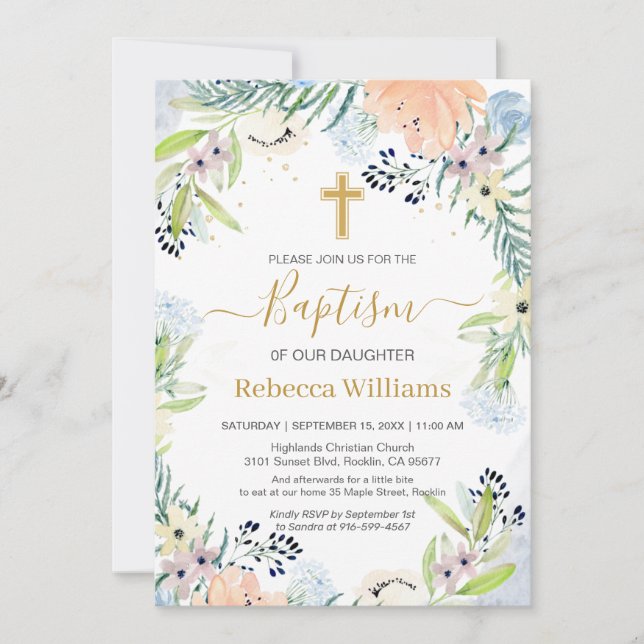 Watercolor Floral Peach Blue Baptism Invitation (Front)