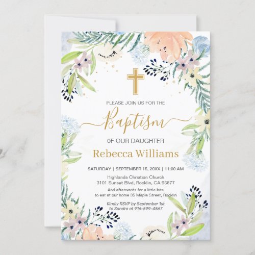 Watercolor Floral Peach Blue Baptism Invitation