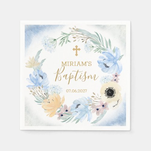 Watercolor Floral Peach Blue Baptism Paper Napkin