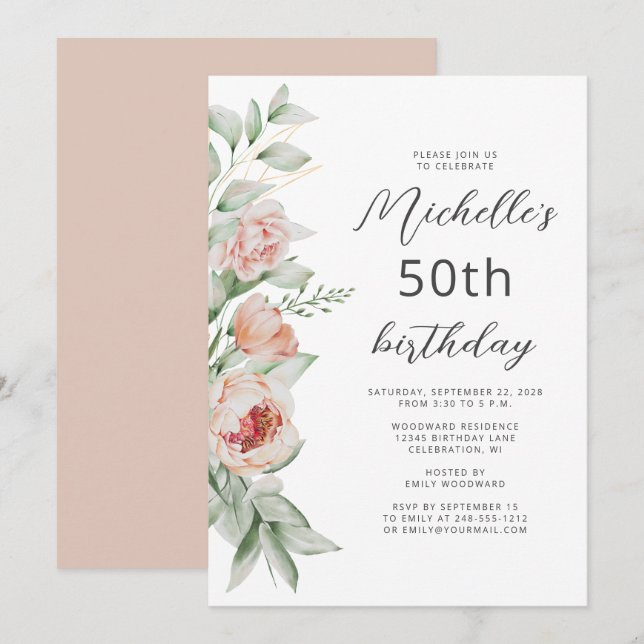 Watercolor Floral Peach Blush 50th Birthday Invitation (Front/Back)