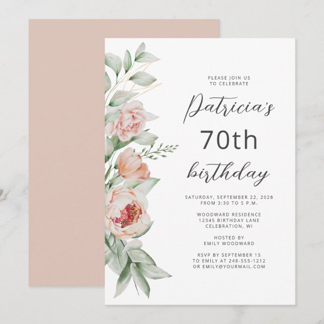 Watercolor Floral Peach Blush 70th Birthday Invitation (Front/Back)