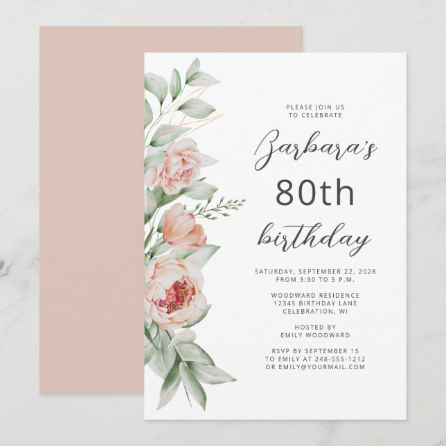 Watercolor Floral Peach Blush 80th Birthday Invitation (Front/Back)