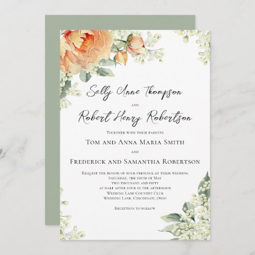 Watercolor Floral Peach Elegant Wedding  Invitation