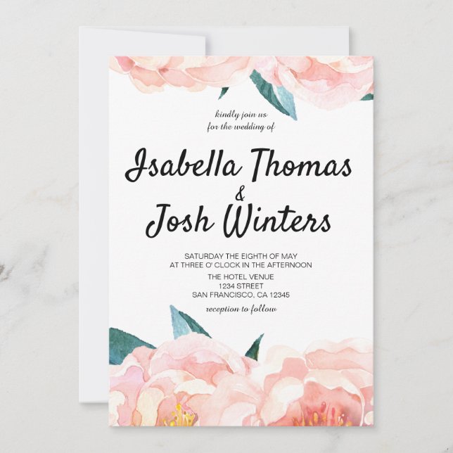 Watercolor Floral Peach Peony Wedding Invitation (Front)