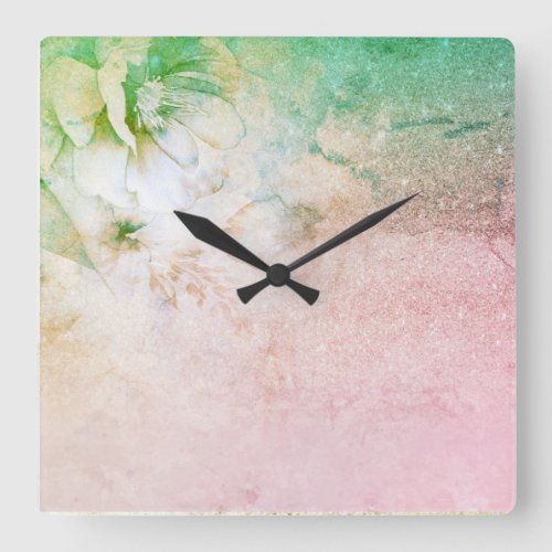 Watercolor Floral Peach Pink Glitter Celestial Square Wall Clock