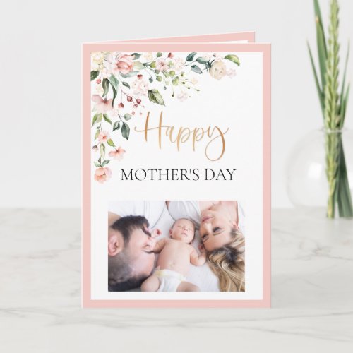 Watercolor Floral Peach Pink Mothers Day Photo Card