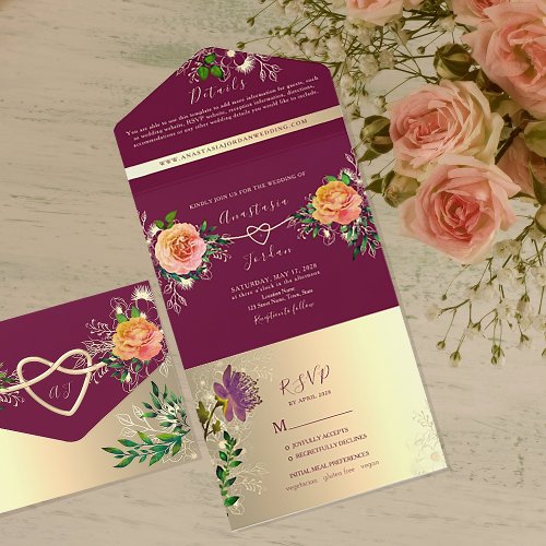Watercolor Floral Peach Pink Wedding All In One Invitation