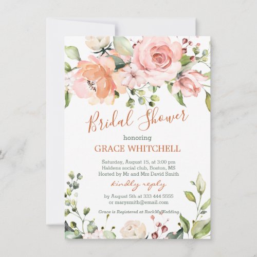 Watercolor floral peach roses Bridal Shower Invitation