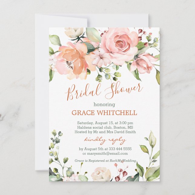 Watercolor floral peach roses Bridal Shower Invitation (Front)