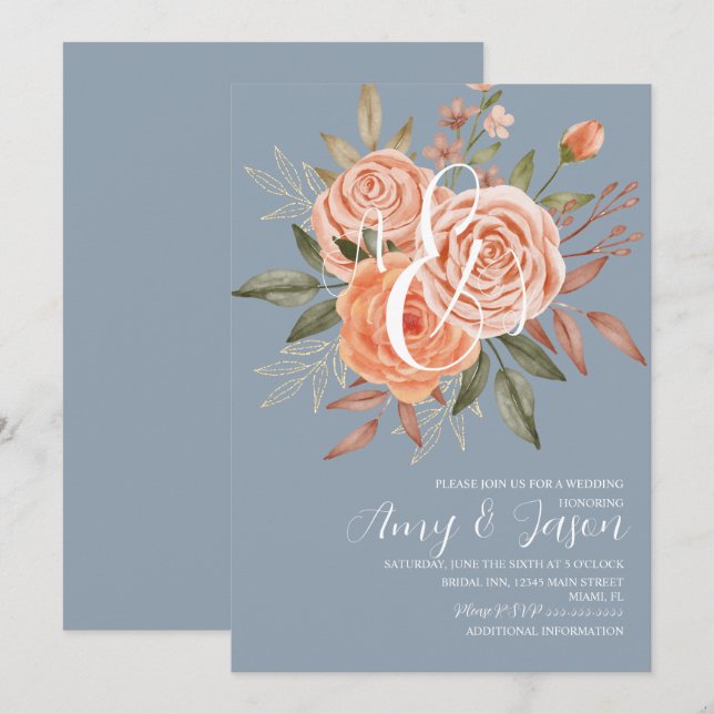 Watercolor Floral Peach Roses  Dusty Blue Wedding  Invitation (Front/Back)