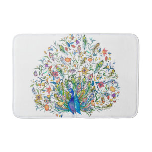 Watercolor floral peacock  bath mat