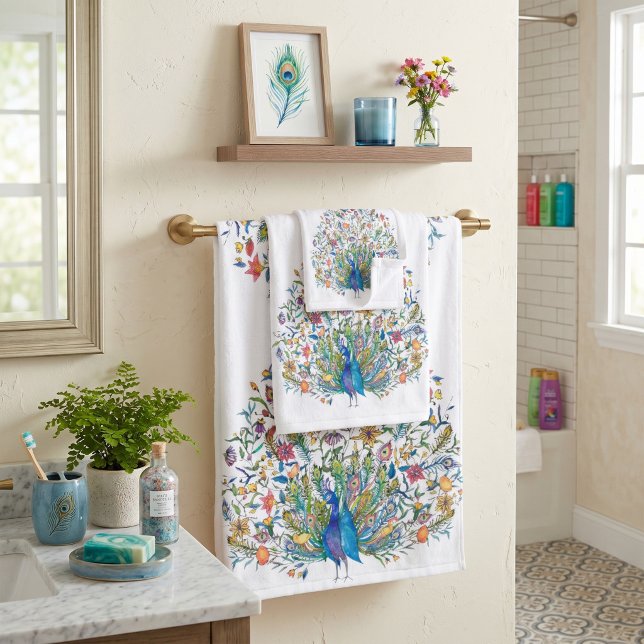 Watercolor floral peacock  bath towel set (Creator Uploaded)