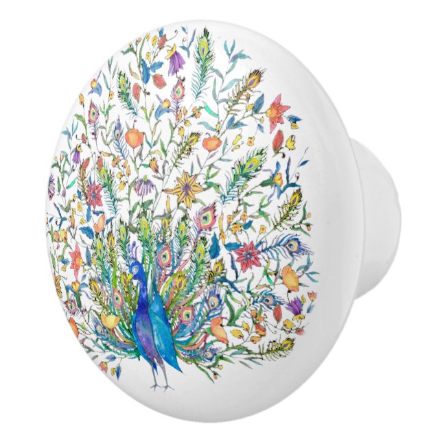 Watercolor floral peacock  ceramic knob (Right)