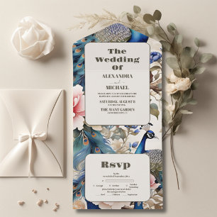 Watercolor Floral Peacock Chinoiserie Wedding All In One Invitation