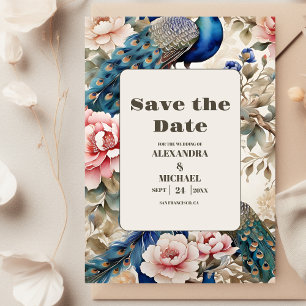 Watercolor Floral Peacock Chinoiserie Wedding Save The Date